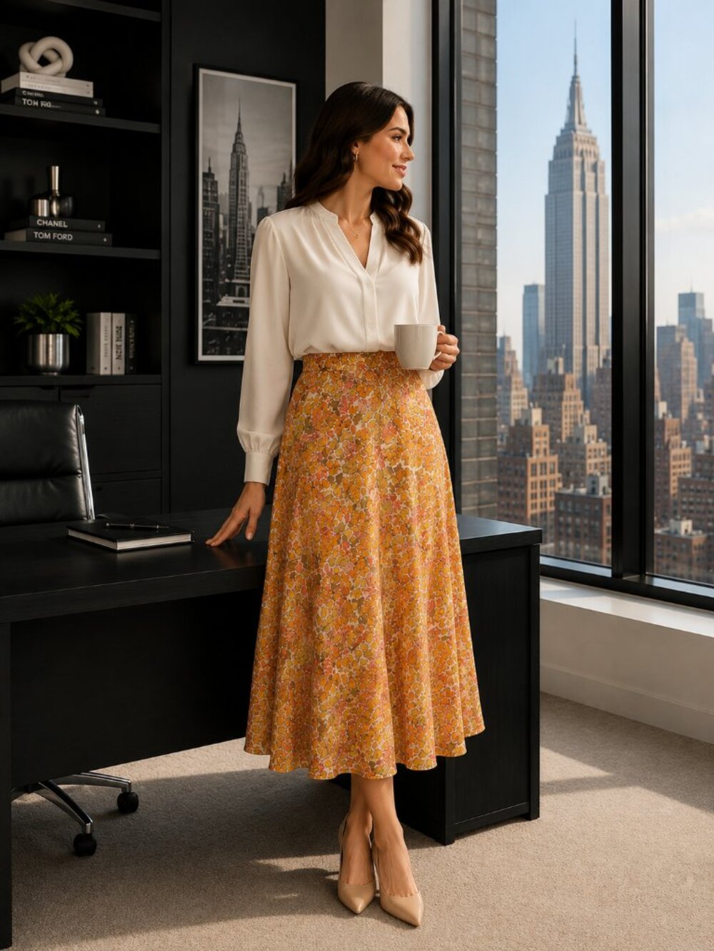 Vince Camuto Leaf Print Tea-length Skirt Fully Lined A-Line Boho Size Large